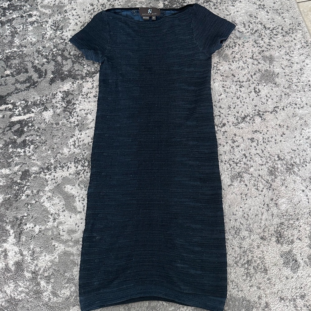 Sachin + Babi dark blue aqua knit bodycon dress with intricate back detail